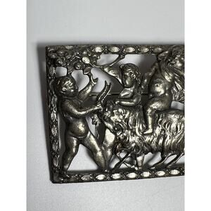 Jewelcraft Large Silvertone Rectangular Brooch 1950’s Cherubs/Goat